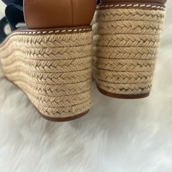 Tory Burch Frieda Espadrille 3.25” Platform Wedge Royal Blue Gold Tan Size 9 - Image 4