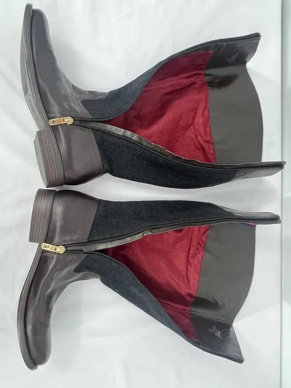 Tommy Hilfiger Madelen 2 Brown Leather Charcoal Wool Gold Logo Riding Boots 9.5 - Image 5