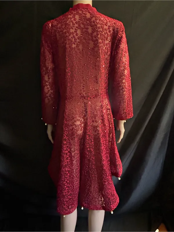 Embroidered Red Lace Fit-and-Flare Women's Dress MD - Image 2