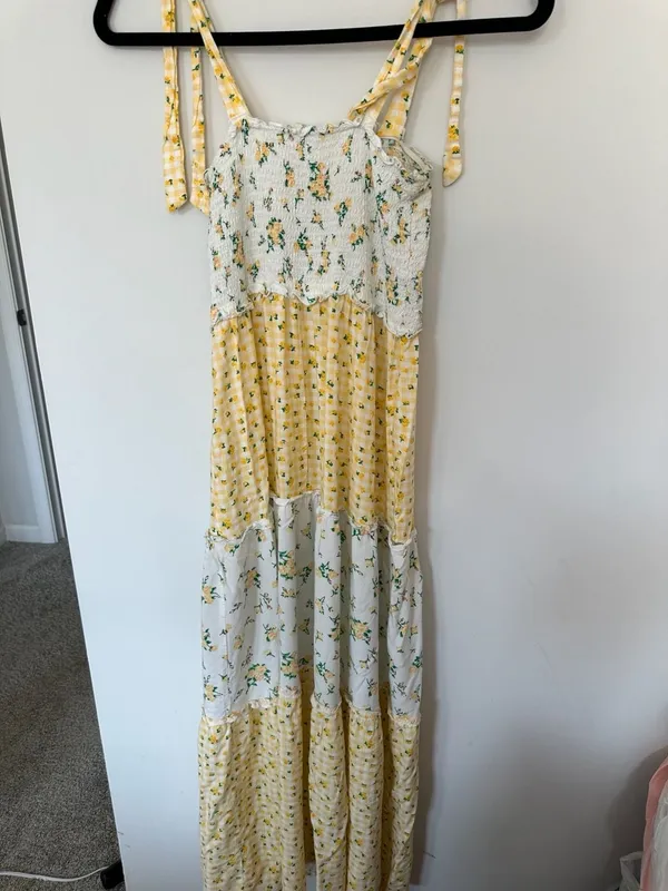 Bebop Women's Yellow Floral Gingham Tiered Smocked Maxi Dress Size XS - Image 5