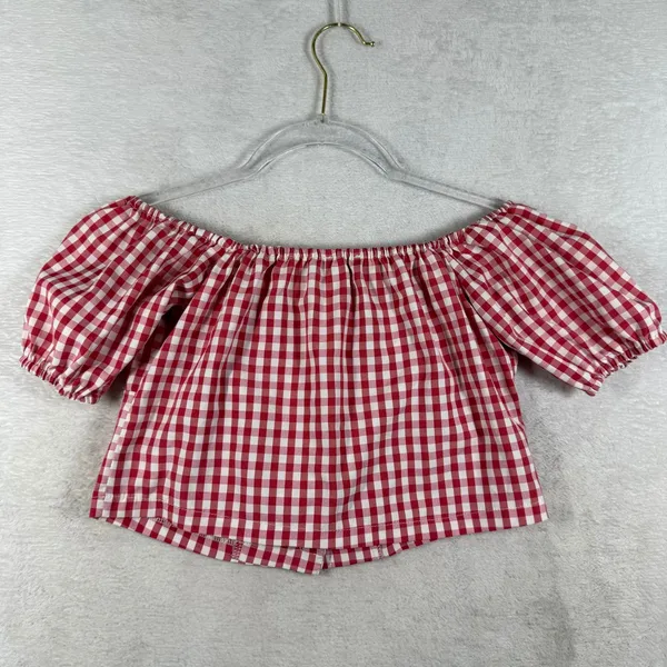 PrettyLittleThing Red White Gingham Off Shoulder Crop Top Button Front Size 2 - Image 7