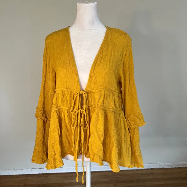 Easel Los Angeles Mustard Yellow Swiss Dot Tie Front Ruffle Peplum Blouse L - Image 6