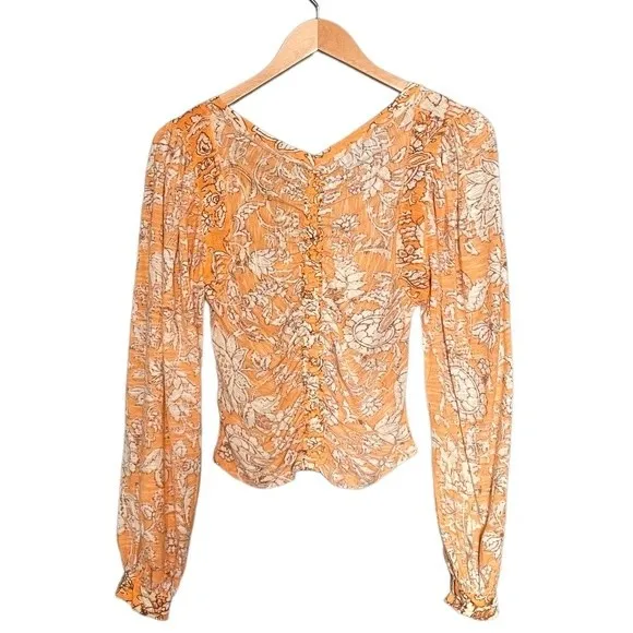 NWT Free People Say The Word Tee XS Blood Orange Floral Ruched Long Sleeve Top - Image 3