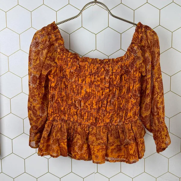 Patrons of Peace Crop Floral Smocked Ruffle Marigold Top - Size - Medium - Image 6