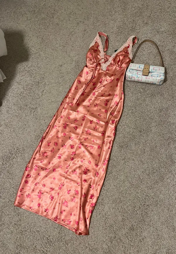 Salmon Pink Satin Floral Maxi Dress - Image 2