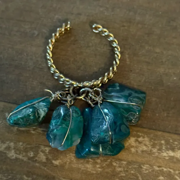 Vintage gold tone moss agate dangle cluster cuff ring Green - Image 6
