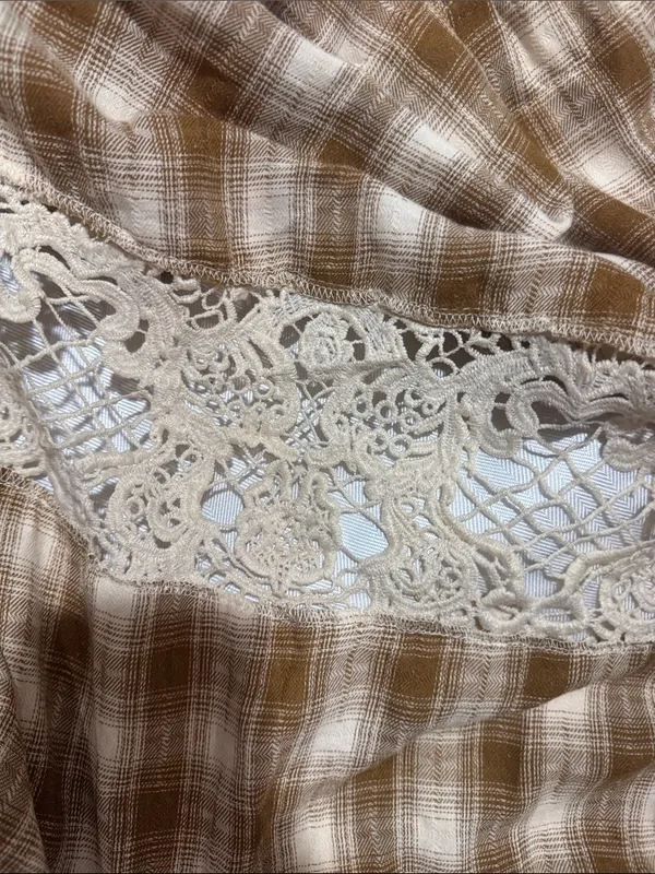 Mia joy Brown Plaid Dress with Cream Lace Yoke - Image 6