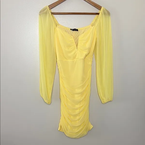Pretty garden butter yellow mini‎ dress long sheer sleeves ruched body Size S - Image 2