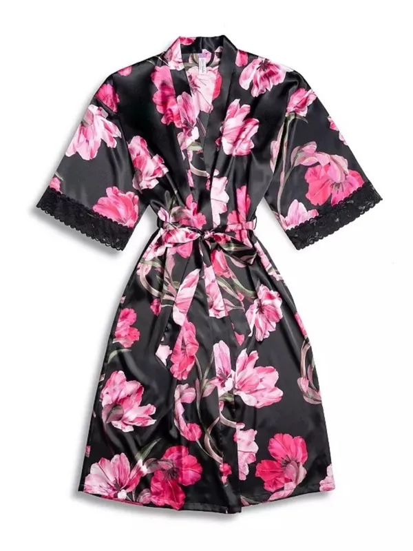 NWT Women's Lilac + London Floral Print Pink and Black Midi Wrap Robe L - Image 4