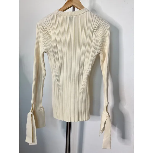 3.1 Phillip Lim Sweater Cream Ribbed Wool Blend Tie Cuff Side Slit Pullover - Image 6