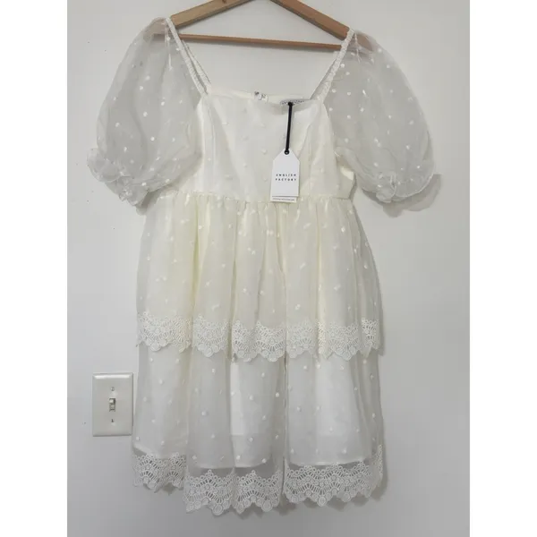 English Factory White Polka Dot Tulle Mini Dress M Cottagecore Puff Sleeve NWT - Image 7