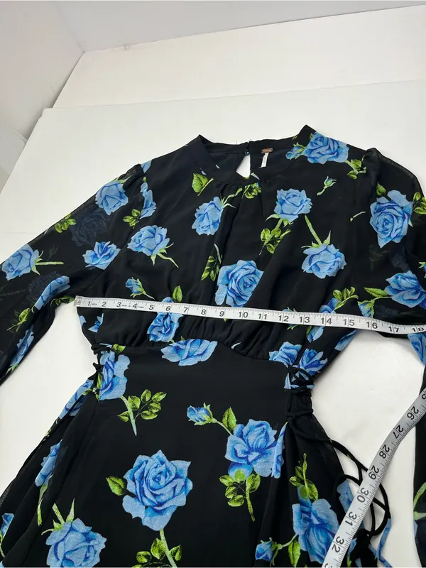Free People Samantha Lace Up Mini Dress Black Floral Blue Combo Womens Large - Image 7
