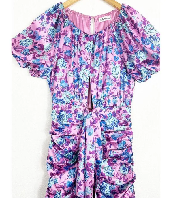 For Love & Lemons Tahiti Ruched Mini Dress Small Purple Floral Satin Cottagecore - Image 10