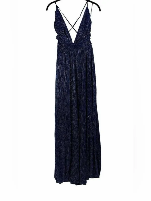 Luxxel Lulus Magical Looks Sparkly Maxi Dress Navy Blue Deep V-Neck Metallic Gown NWT S - Image 6