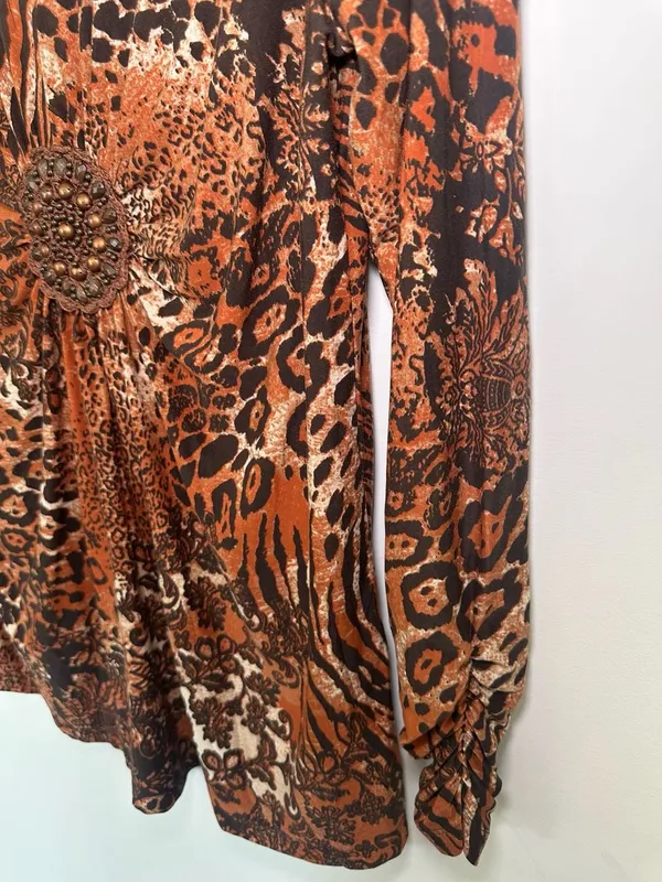 Rafaella V-Neck Blouse Size M Brown Animal Print Beaded Center - Image 6