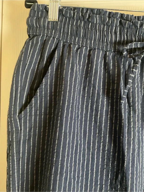 Women’s Blue & White Striped Linen Blend Wide Leg Pants Drawstring Lounge Size L - Image 5