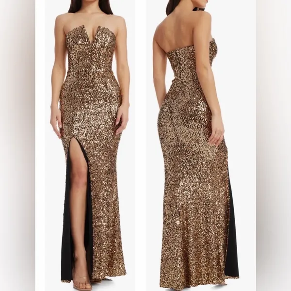 NEW Dress the Population Fernanda Gold Sequin Strapless Gown Sz L - Image 2