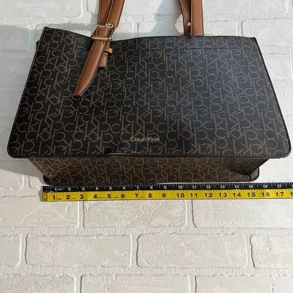 Calvin‎ Klein Signature Tote Shoulder Bag Brown CK Monogram Print Brown Leather - Image 13