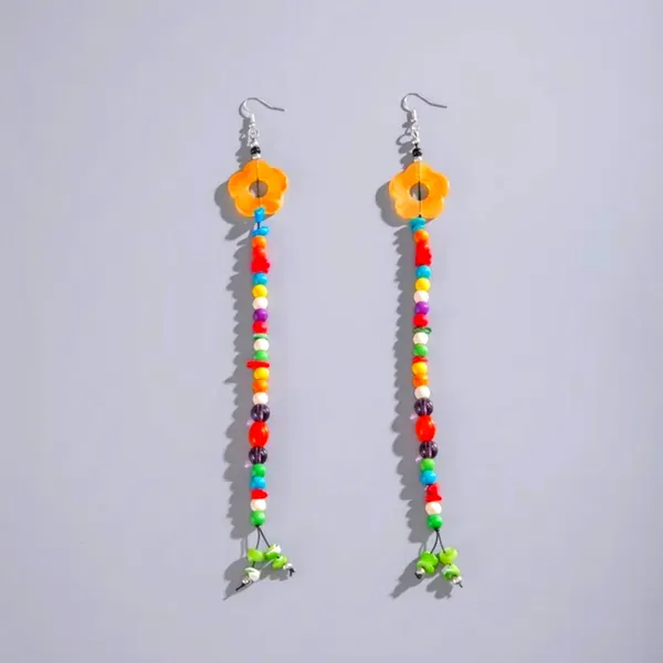 Boho-Chic Acrylic Resin Colorful Beaded Tassel Earrings with‎ Flower Charms - Image 4