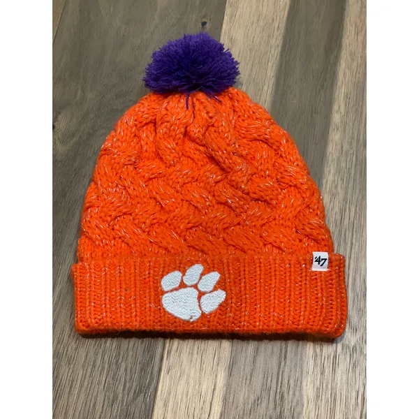 ’47 Brand Beanie One Size Orange Knit Metallic Thread Purple White Logo EUC - Image 6