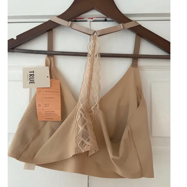 True & Co True Body Triangle Lace Racerback Bra Beige Wirefree L 36C-D 38A-B - Image 2