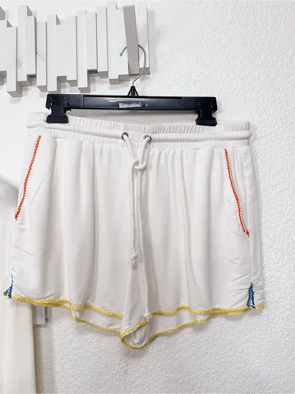 Wild Honey Ivory Rainbow Contrast Stitch Zip Hoodie Shorts Two Piece Lounge Set - Image 7