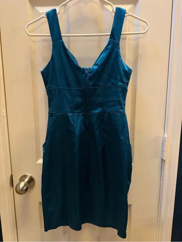 Satin Pleated Teal Mini Dress WITH POCKETS - Women's Sleeveless Party Dress - Image 2
