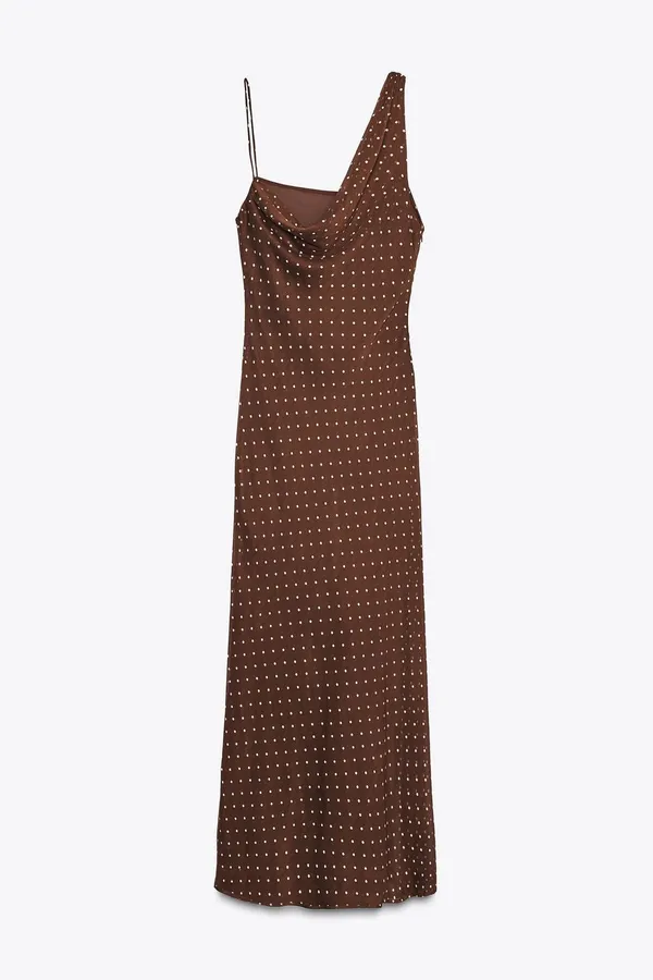 Zara Elegant Brown Polka Dot Cowl Neck Maxi Dress - Image 3