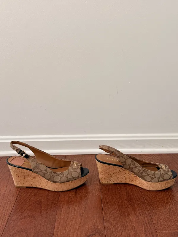 Coach Tan Signature Canvas Peep-Toe Slingback Heels with Black Toe - Image 3