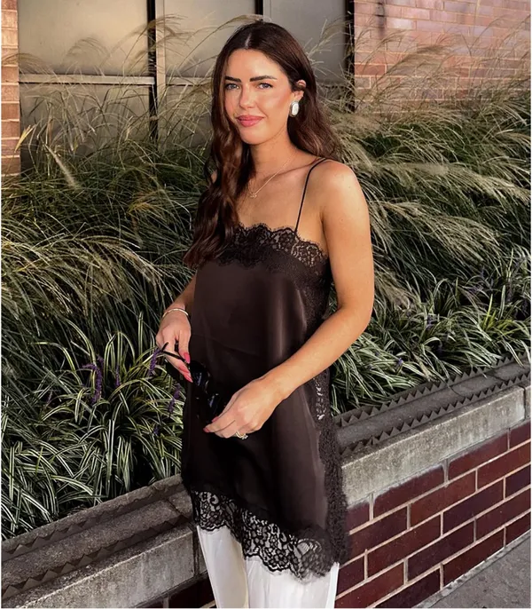Zara satin Lace-Trim Slip Dress Top in Deep Brown - Image 3