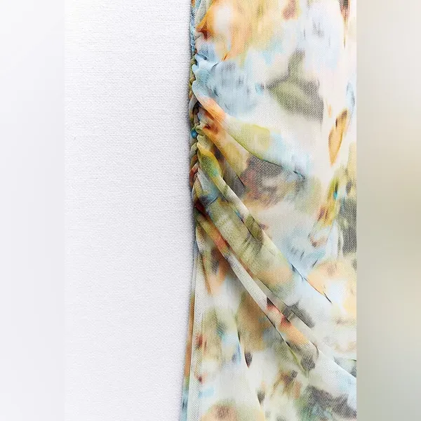 Zara Tulle Mesh Ruched Midi Abstract Colorful Watercolor Dress Small - Image 2