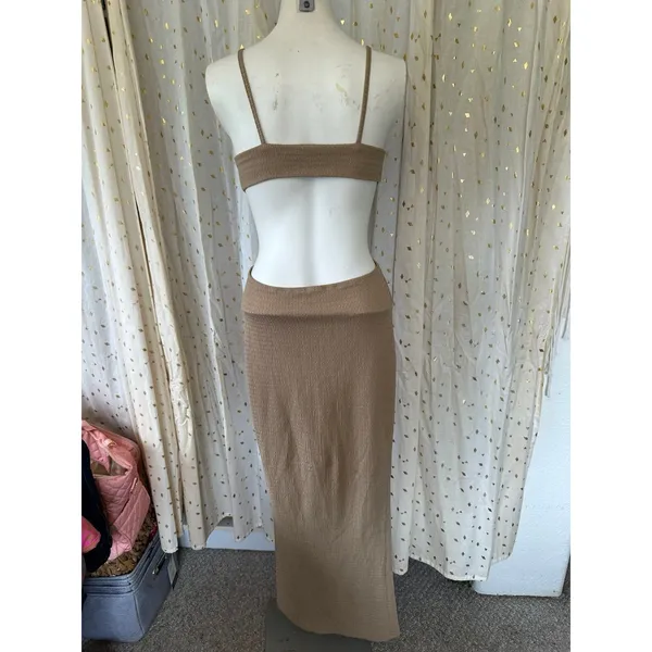 Shein Serita Inspired Textured Sand Woven Knit Midriff Cut Outs Maxi Dress XS - Image 5