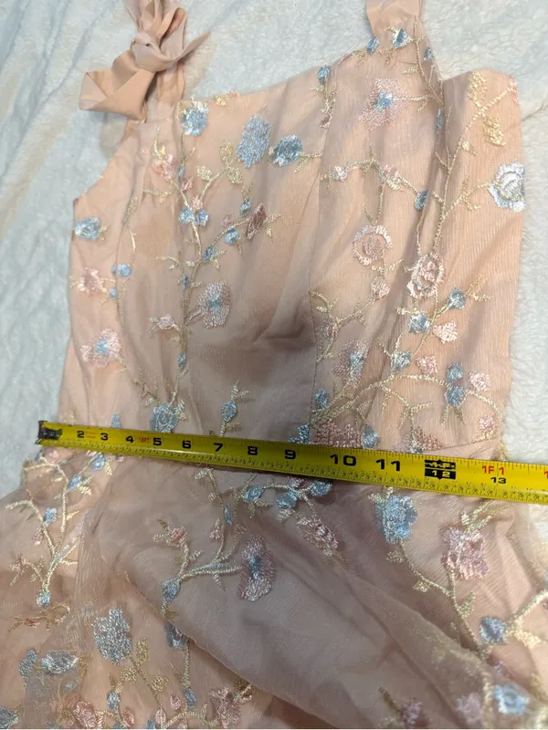 Embroidered Tie-Shoulder Midi Dress in Nude with Blue Accents - Image 5