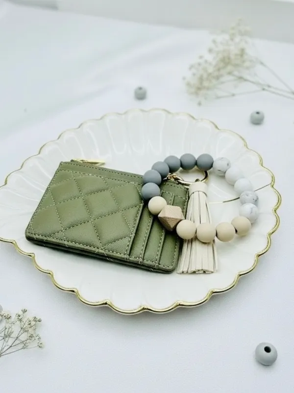 Sage Green Quilted Card Holder Wallet Wristlet Keychain Tassel - Image 7