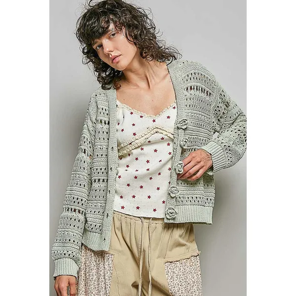POL Open-Knit Floral‎ Button Cardigan - Large - Image 2