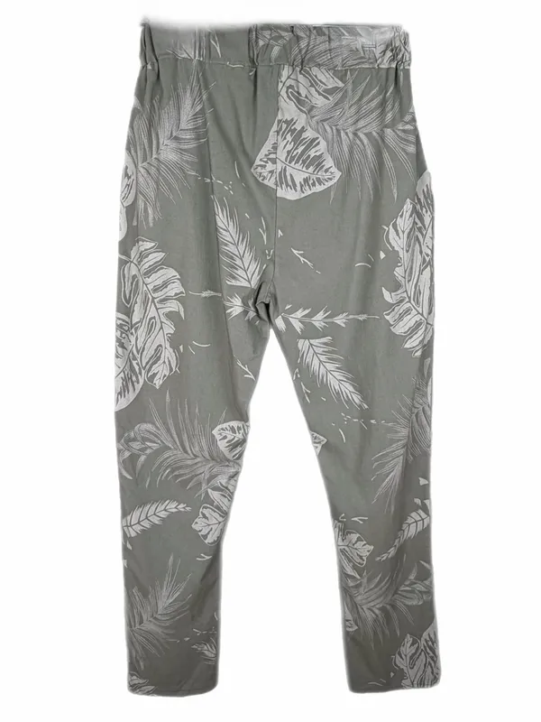 KAKTUS Relaxed Tropical Print Drawstring Joggers Sage/Gray & White Size Small - Image 3