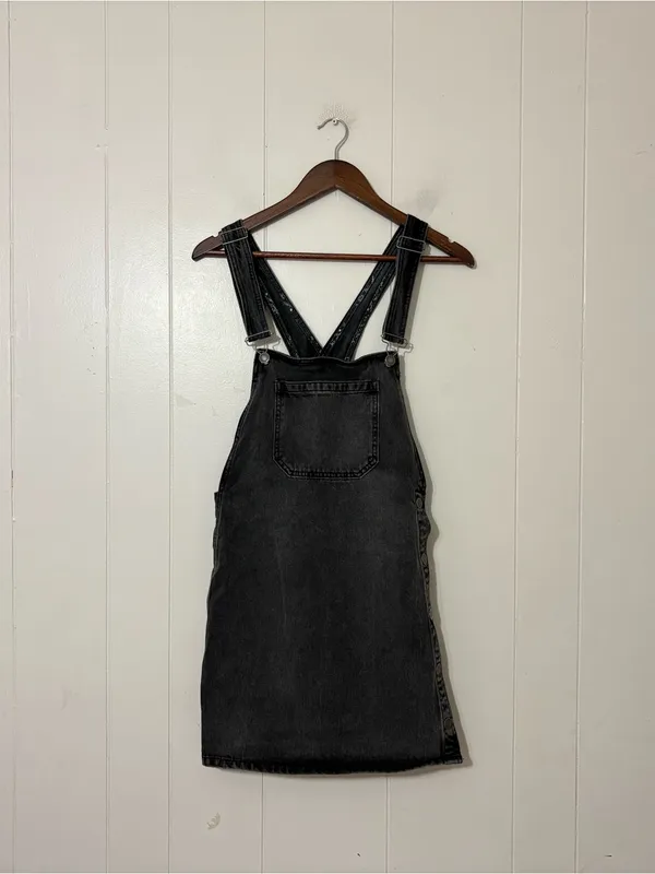 Free People Rocky Mountain Denim Overall Dress Charcoal Gray Sz 8 Snap Side Mini - Image 2