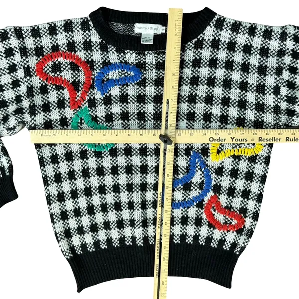 Vintage Black White Check Wide Stitch Rainbow Detail Crew Neck Sweater size S - Image 5