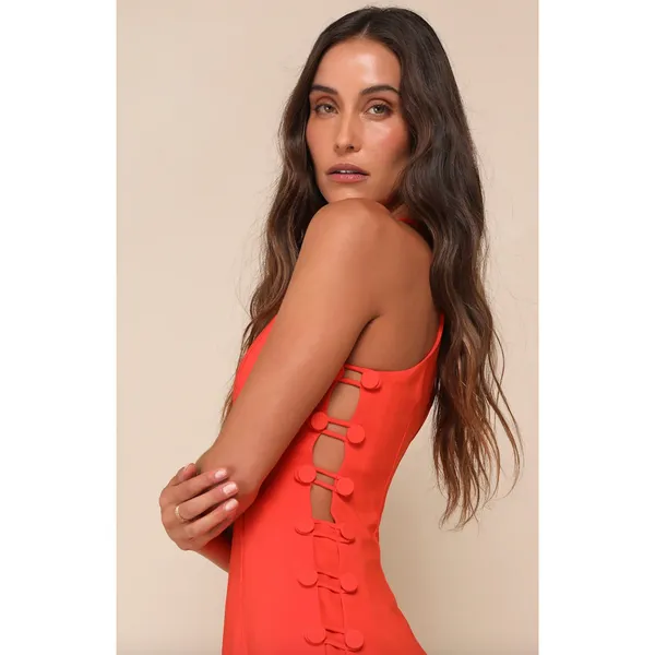 Lulus Masterfully Mod Bright Orange Side Button Midi Dress Cutout XL NWT - Image 2
