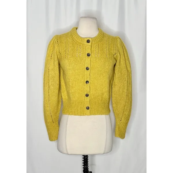 EVERLANE Pointelle Cardigan Cloud Merino Wool Alpaca Puff Sleeve Yellow X-Small - Image 2