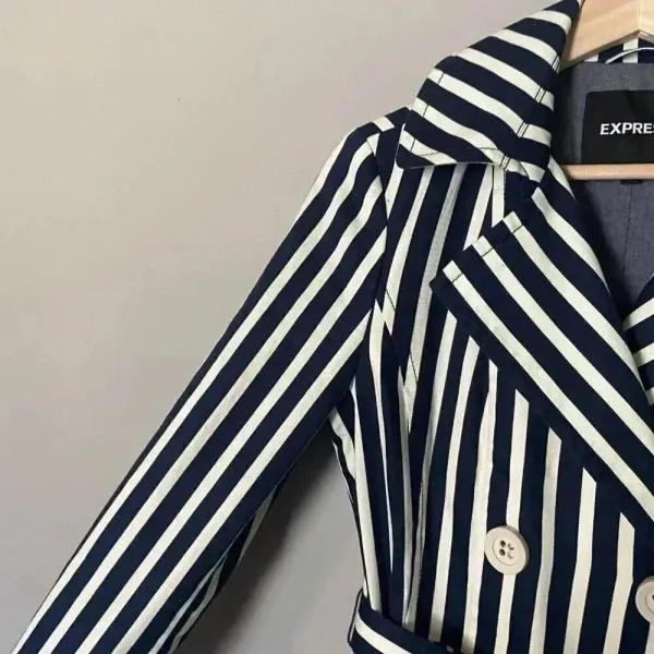 Express Women's S Blue White Striped Pleated Back Trench Coat Size Small Preppy‎ - Image 6