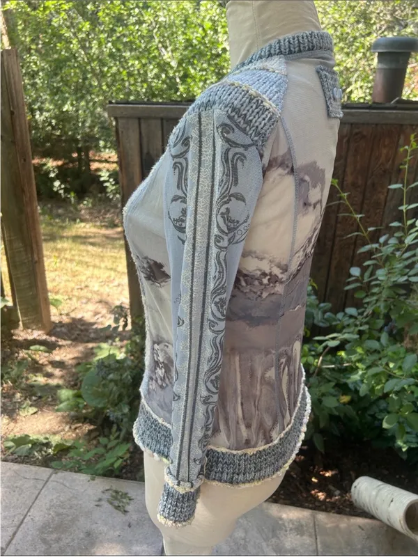 Vintage Y2K mesh knit jacket Lulu H Paris blue and cream Size XS/S - Image 3