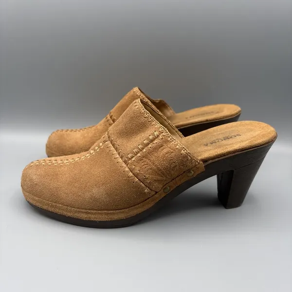 Sonoma Heels Clogs Size 8 Juliette Tan Suede Patchwork Shoes Mules Boho Hippie - Image 4