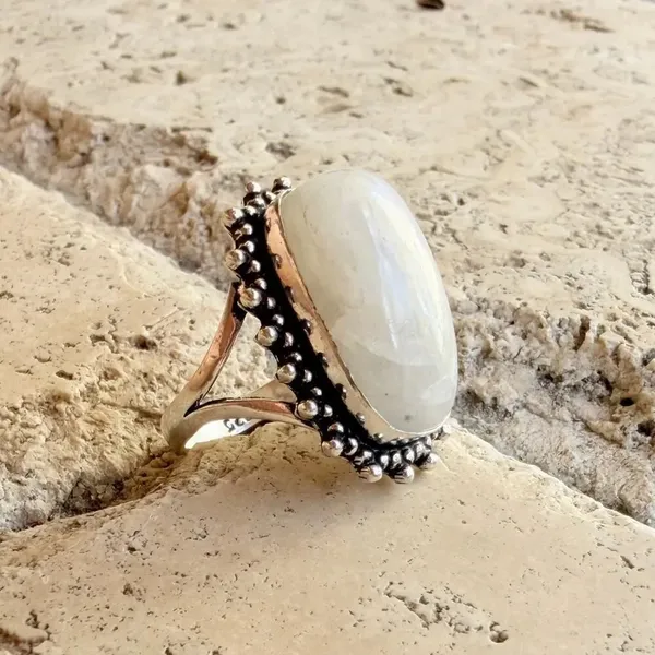 Rainbow Moonstone 925 Silver Overlay Ring Size 9 - Image 5