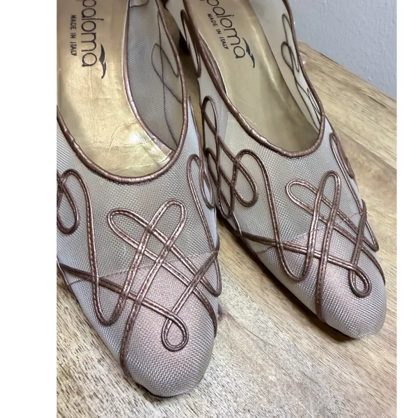 Vintage Paloma Italy Bronze Mesh Kitten Heels 8.5B Soutache Y2K Needs Repair - Image 4