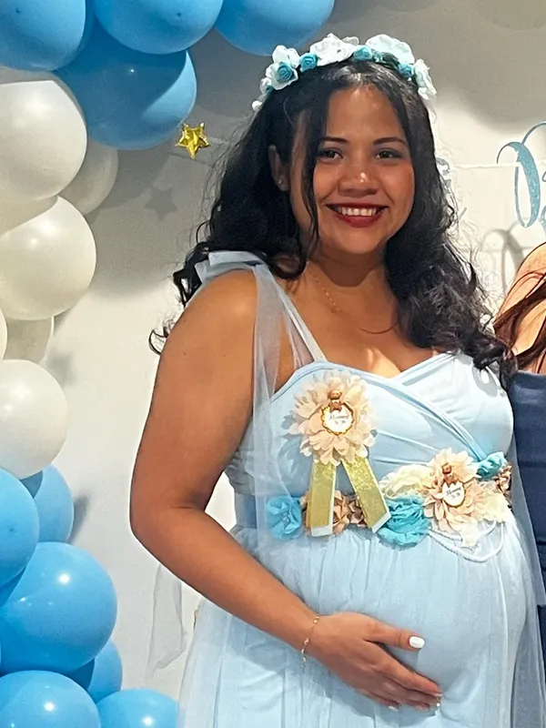 Floral Maternity Sash Belt and brooch in Blue, Cream & Tan - Image 9