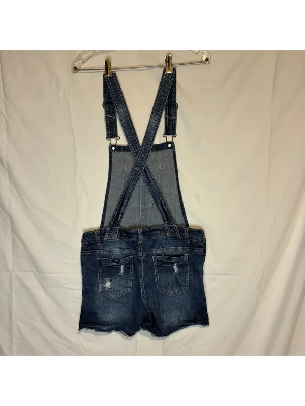 WallFlower Distressed Denim Y2K Overall Shorts Womens M Shortalls Dark Frayed - Image 2