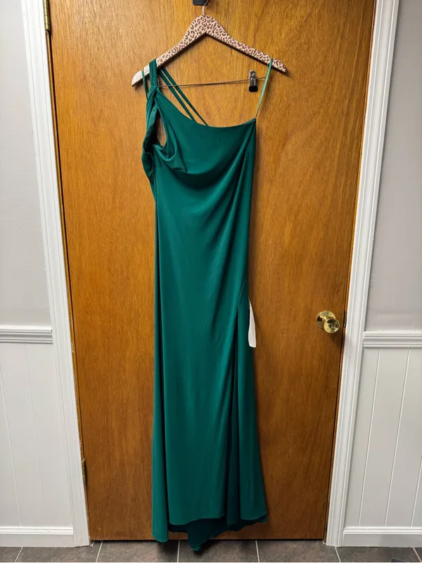 Ieena for Mac Duggal Jersey One Shoulder Draped Back Gown Dress Emerald Green 6 - Image 12