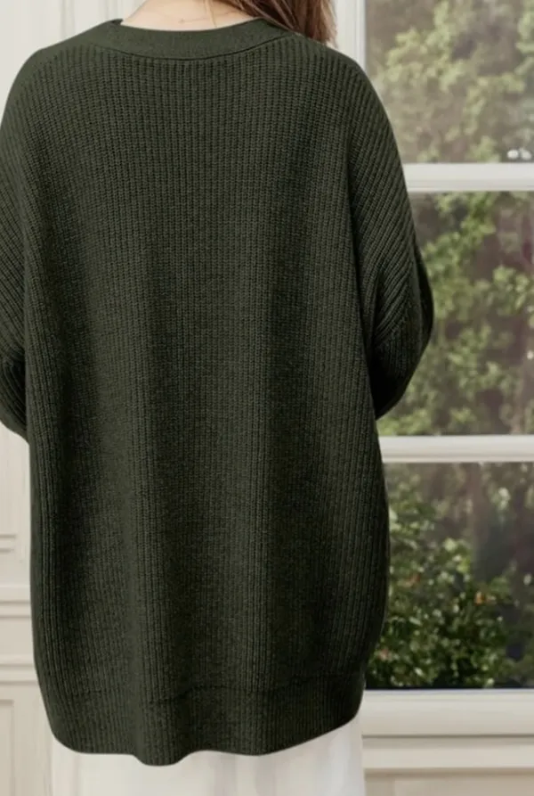 MEROKEETY Olive Green Ribbed V-Neck Cardigan Sweater - Image 6