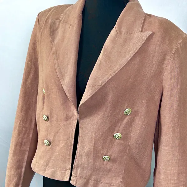 L'AGENCE Womens M Linen Blazer Pink Cropped Double Breasted Gold Button Jacket - Image 5